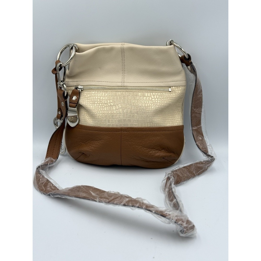 B. Makowsky Color-Block Brown Gold Cream Leather Crossbody Bag New ** Read**